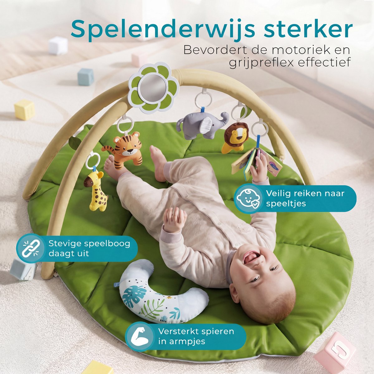 Babygym met boog - Speelmat - Speelkleed - Baby speelgoed - Babyshower - Boxkleed - Speelmat baby - 5 Speeltjes - Inclusief Rammelaar - Groen blaadje — afbeelding 3