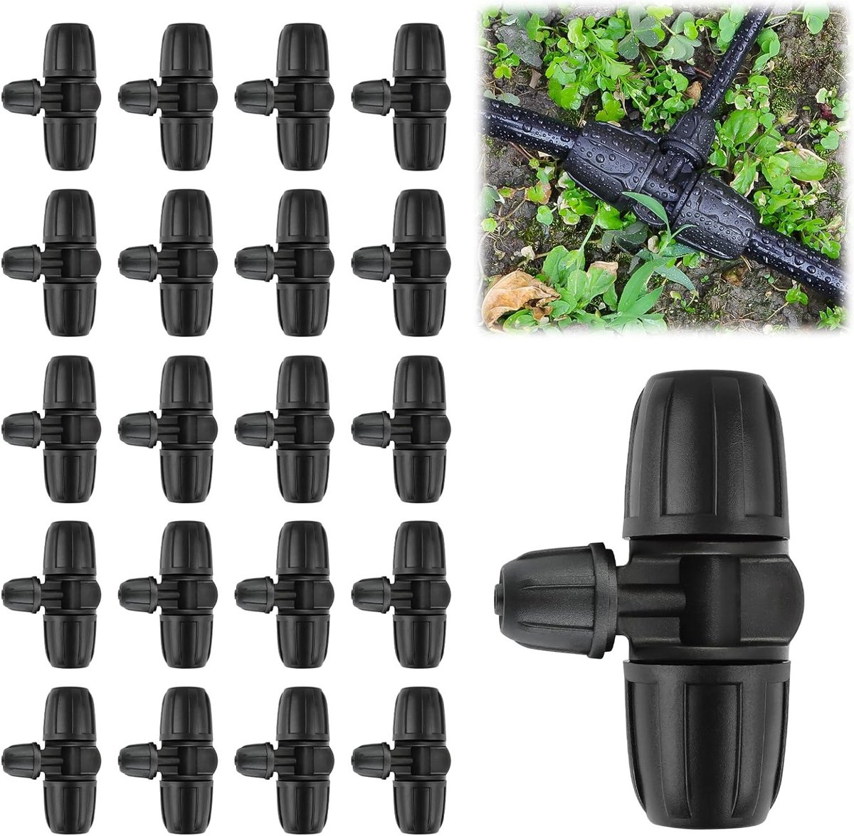 VVGoods - 20-delig T-stukken met weerhaken voor druppelirrigatie, 8/12 mm naar 4/7 mm slangverbinding, zwart