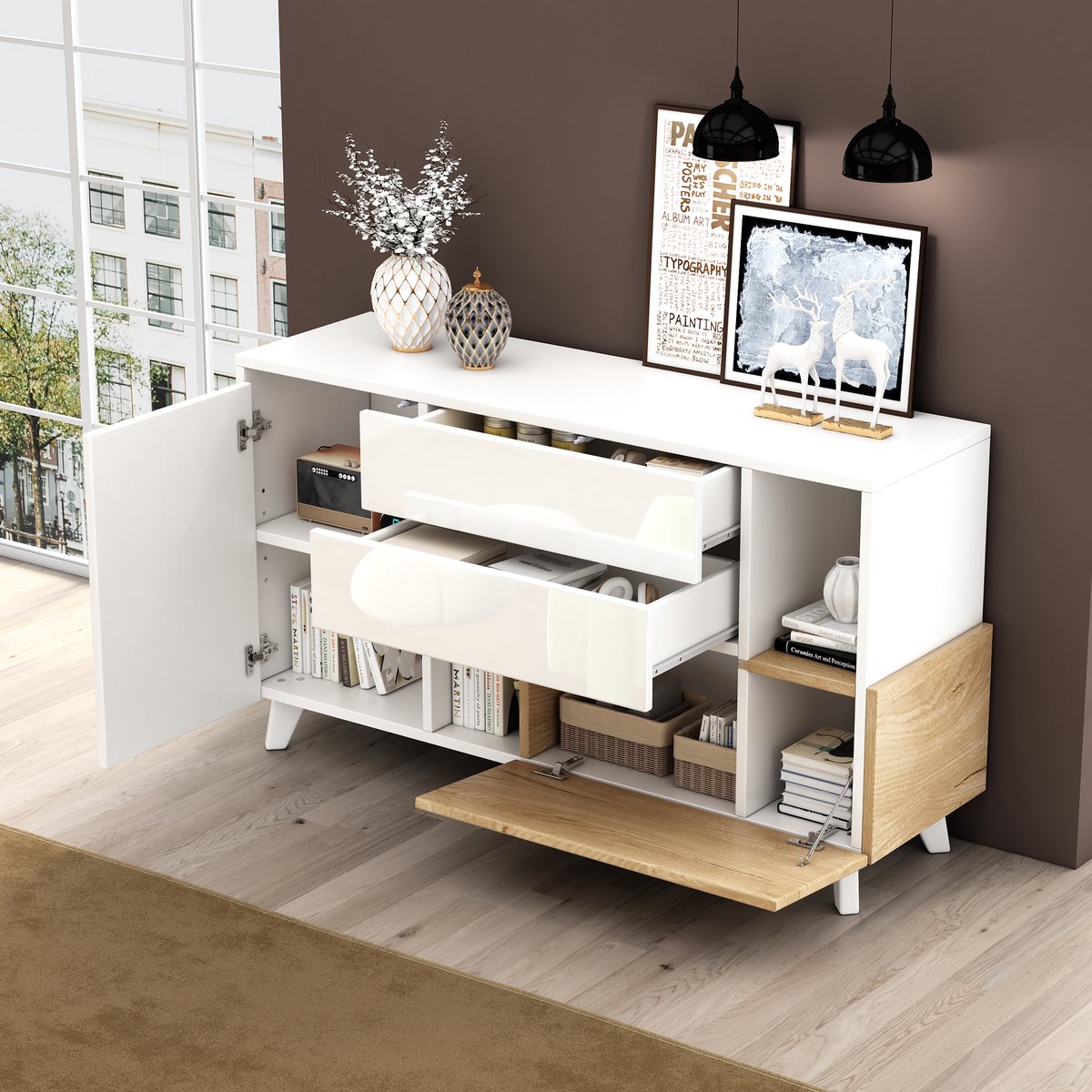 MODENUIT Dressoir - 2 Laden En 2 Deuren Voor Opbergruimte - Voor Woonkamer En Eethoek - Wit Eiken - 130x40x70 Cm