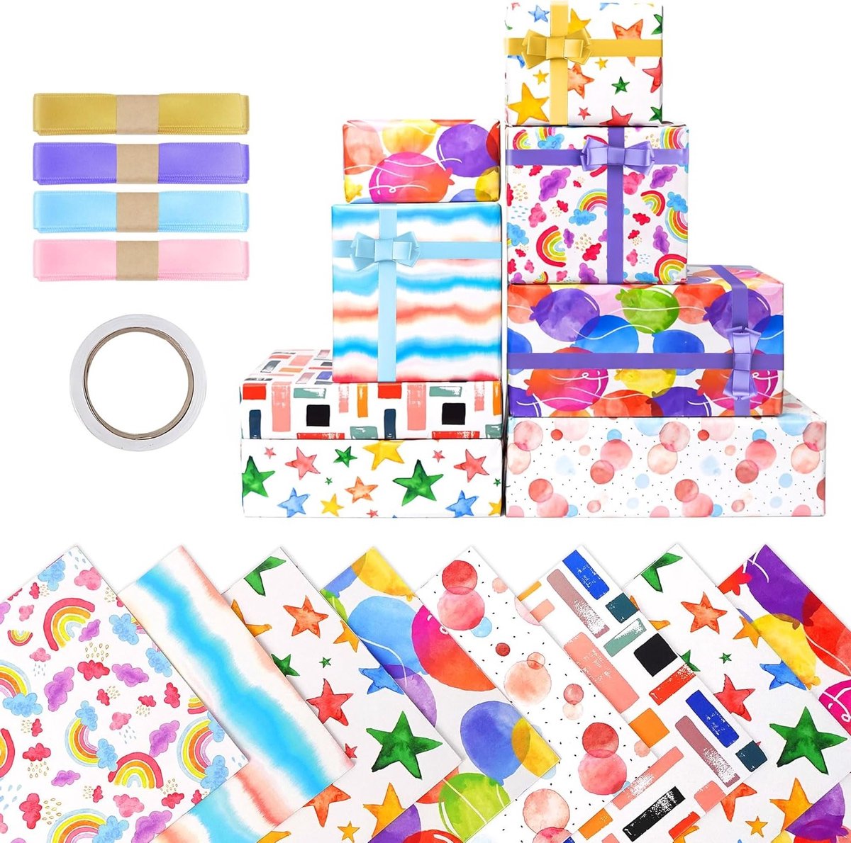 8 Vrolijke Kinder Cadeaupapier Sets met Regenboog & Strikjes - 50x70 cm