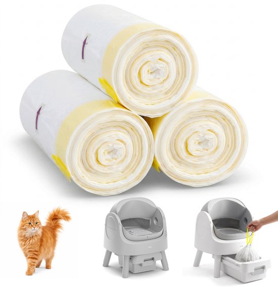 Trois rouleaux de sacs blancs pour litière avec des accents jaunes. Un chat roux se tient à côté d'une litière blanche.