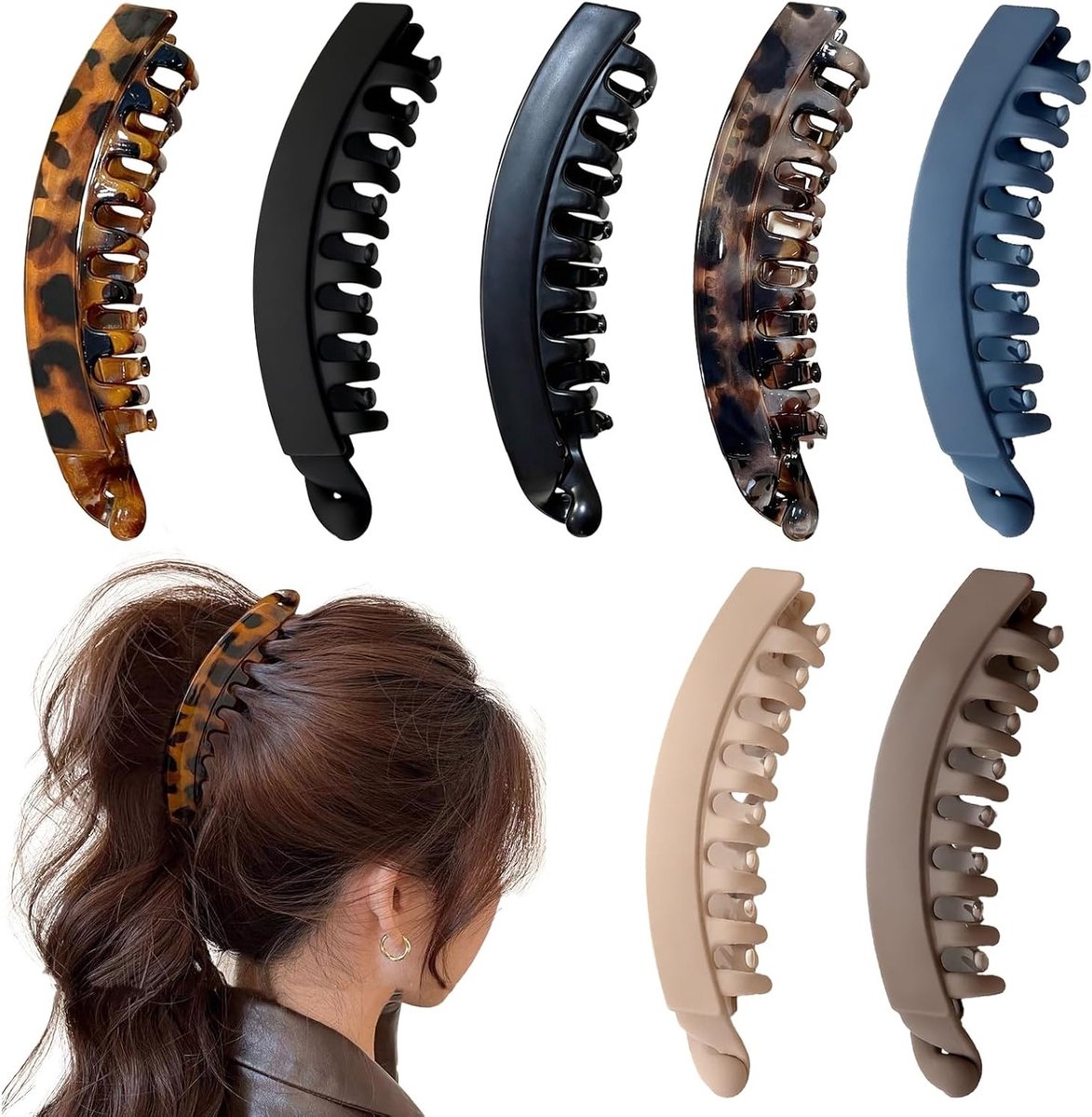 Set van 7 Bananen Haarclips voor Dikke Haarstijlen, Sterke Grip en Dubbele Kam, Franse Haaraccessoires voor Vrouwen en Meisjes
