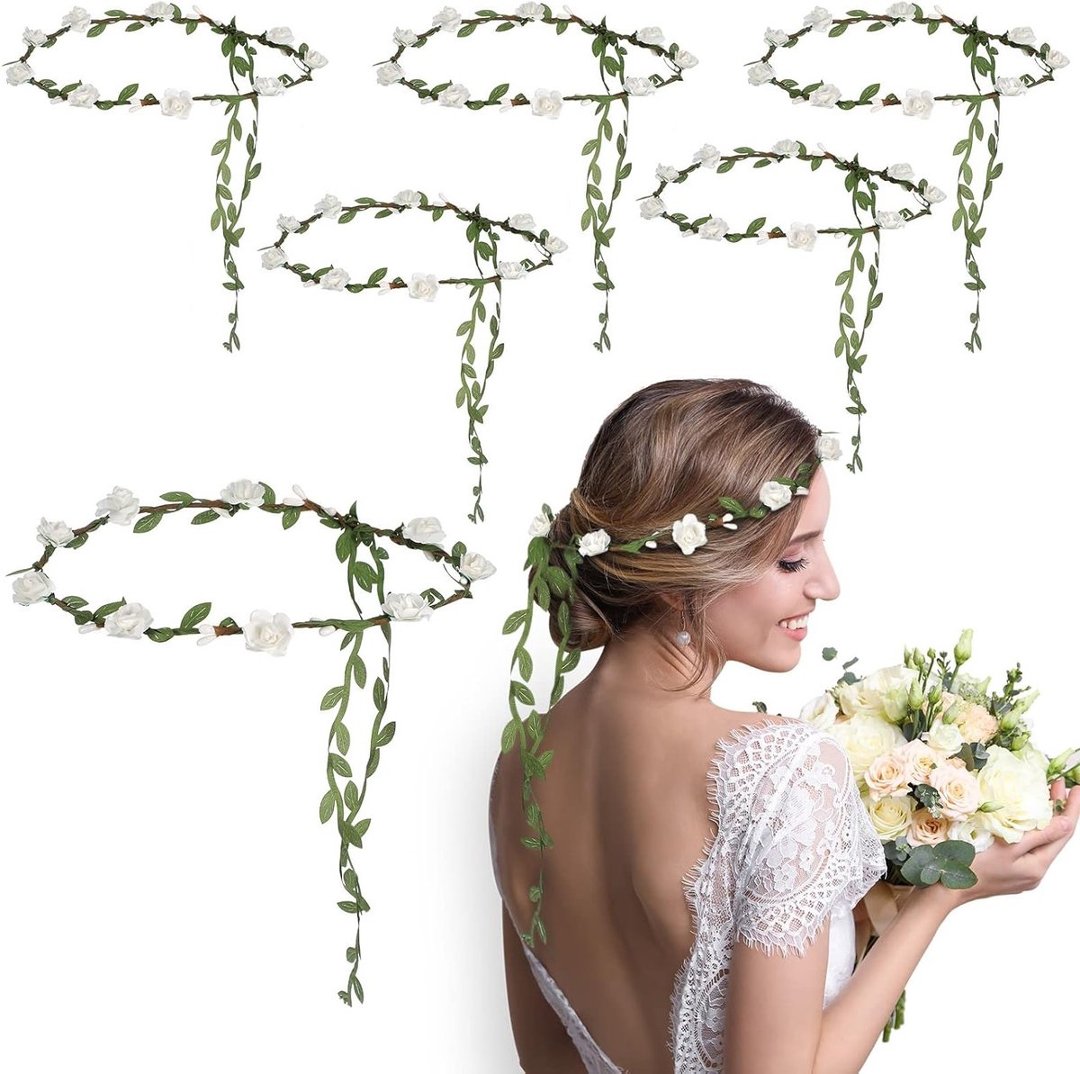 6 Stuks Bloemenkroon voor Dames - Boho Haarband met Verstelbare Hoofdband voor Bruiloften, Feesten en Fotografie - 18 cm