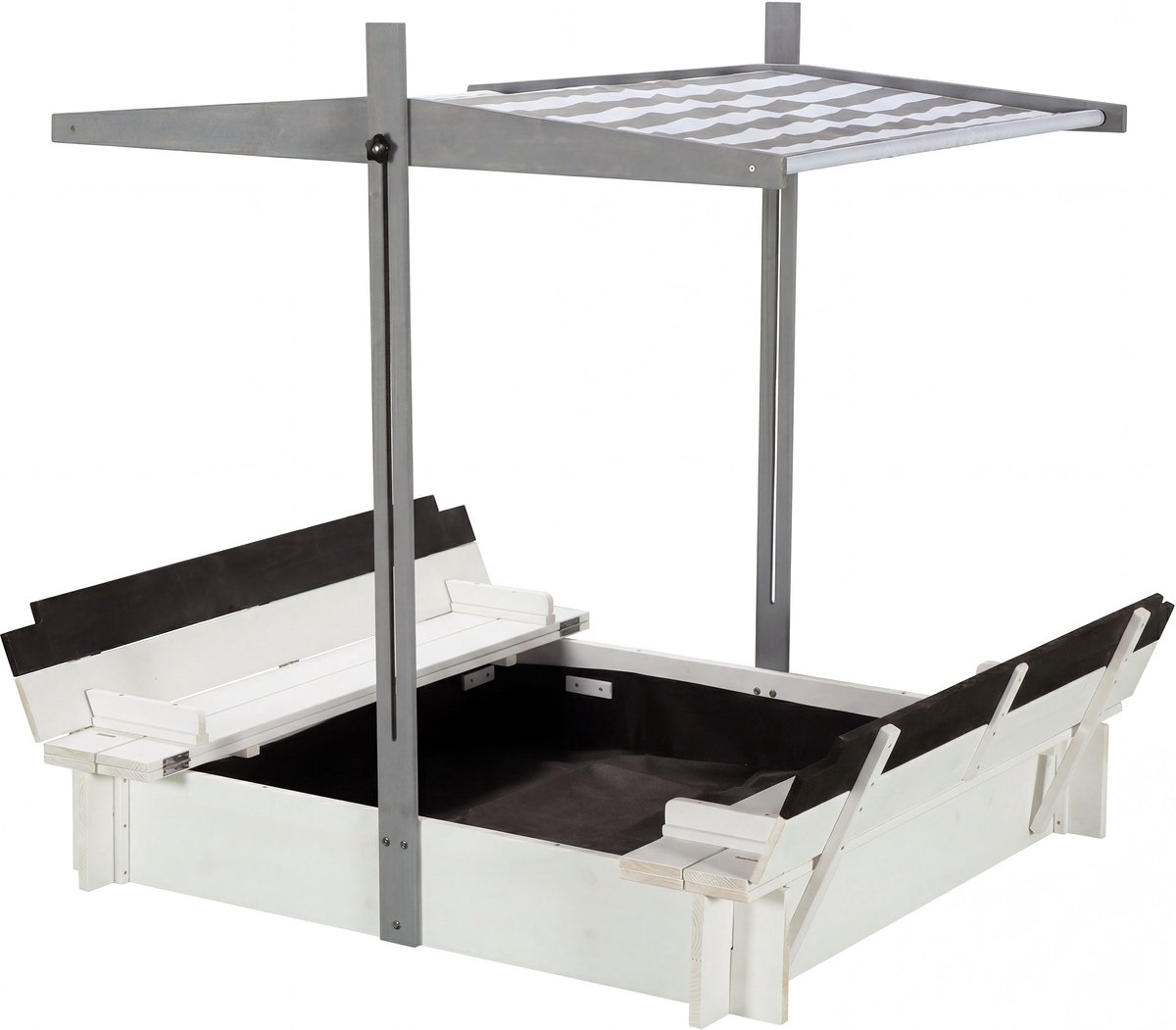 WONDERMAKE® Design houten zandbak met dak, deksel en bankje, kinderzandbak met scharnierend deksel, UV-zonbescherming, vierkante zandbak voor tuin en buitenspeelplaats, 120x120 cm, wit, grijs, zwart