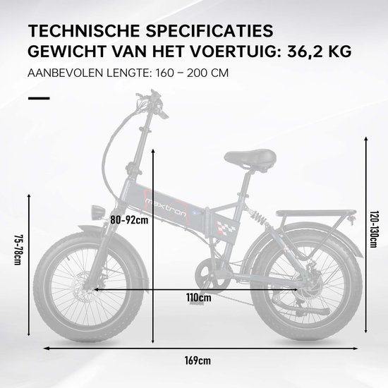 Technische specificaties grijze elektrische vouwfiets: Gewicht 36,2 kg, lengte 169cm, zithoogte 75-78cm.