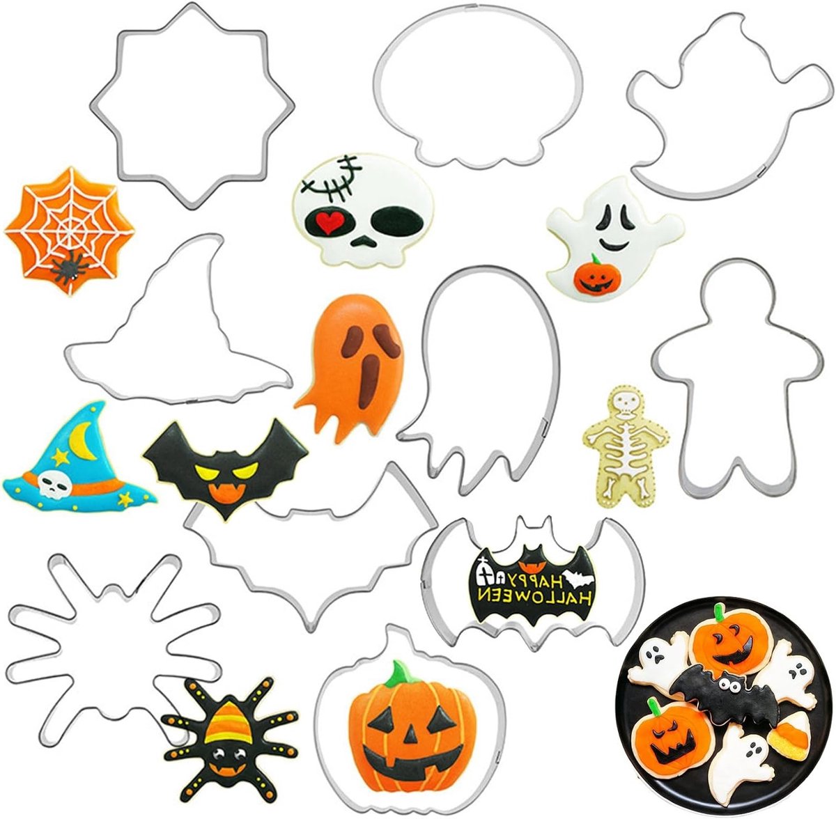 Set van 10 RVS Halloween Koekjesuitsteekvormen voor Koekjes, Sandwiches, Fruit en Kaas