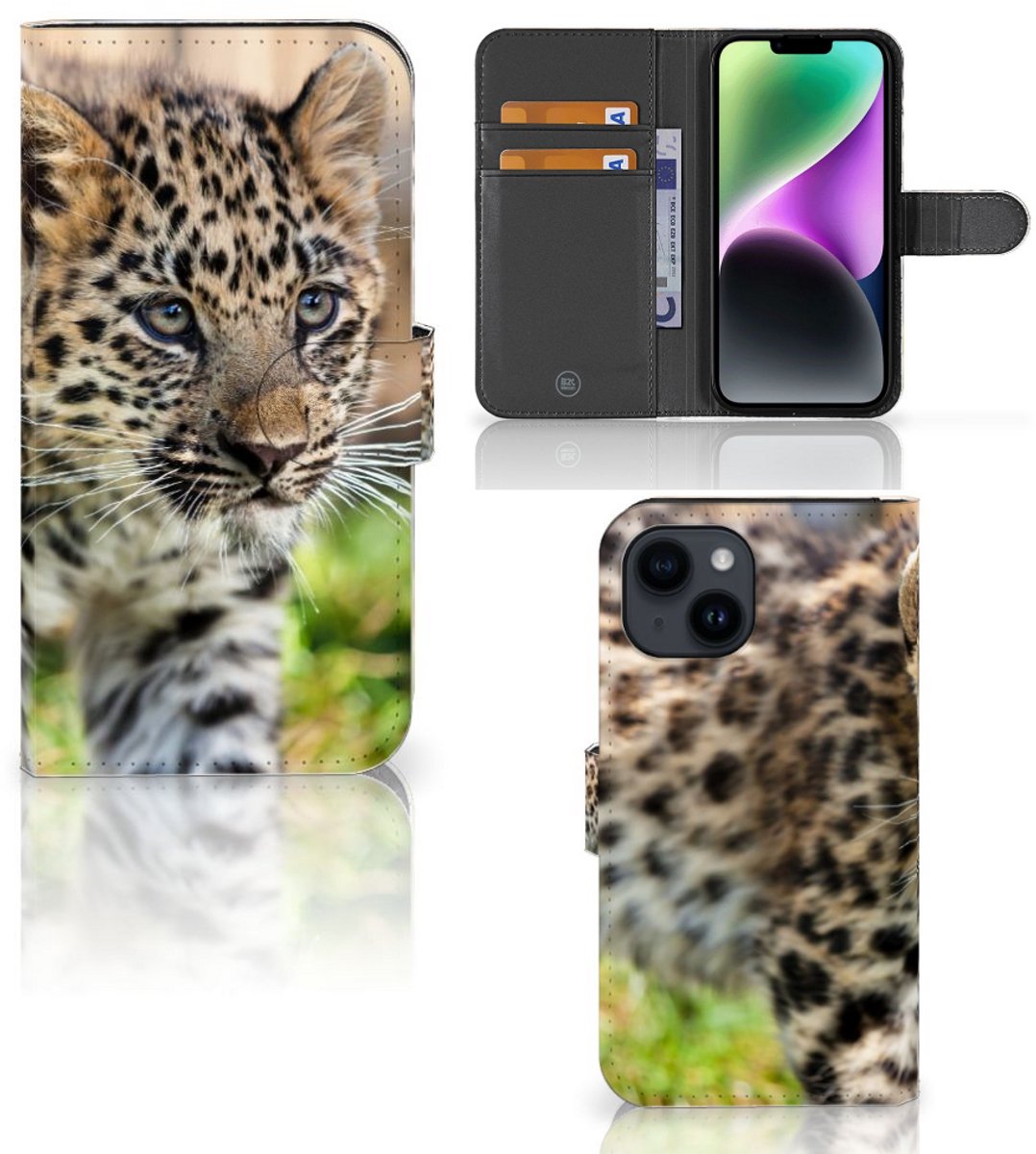 iPhone 15 Telefoonhoesje met Pasjes Baby Luipaard