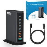 720W 8-poorts USB-oplaadtoren - Laadstation - Snellader 140W - Oplader - 2x USB-C PD Fast Charge 140W - 4x USB-C PD Fast Charge 100W - 2x USB-A Quick Charge 20W - GaN Technologie - Inclusief USB-C 100W oplaadkabel - Zwart