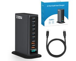 720W 8-poorts USB-oplaadtoren – Laadstation – Snellader 140W – Oplader – 2x USB-C PD Fast Charge 140W – 4x USB-C PD Fast Charge 100W – 2x USB-A Quick Charge 20W – GaN Technologie – Inclusief USB-C 100W oplaadkabel – Zwart