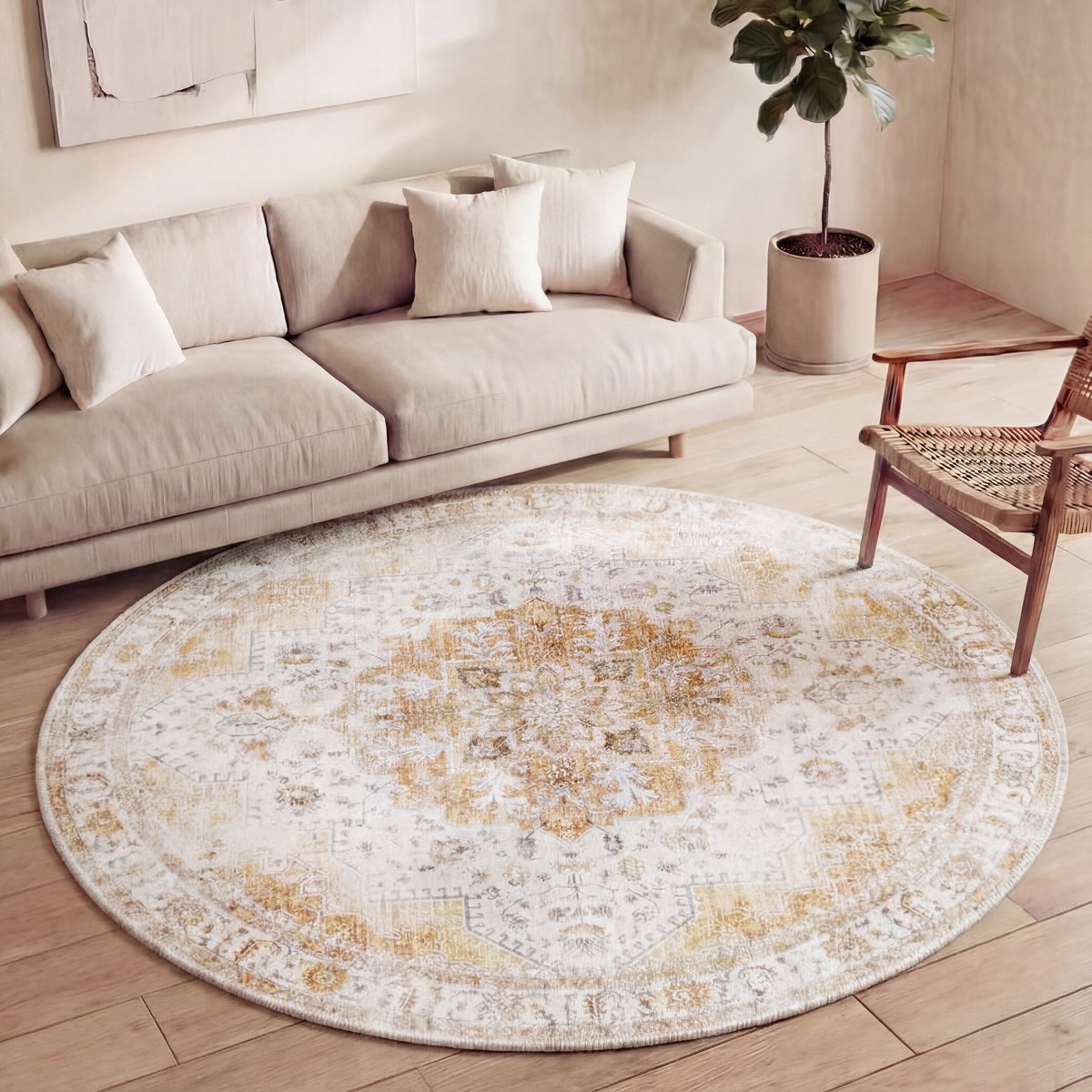 Fraai Rond Vintage vloerkleed - Lago Geel - Ø 160cm