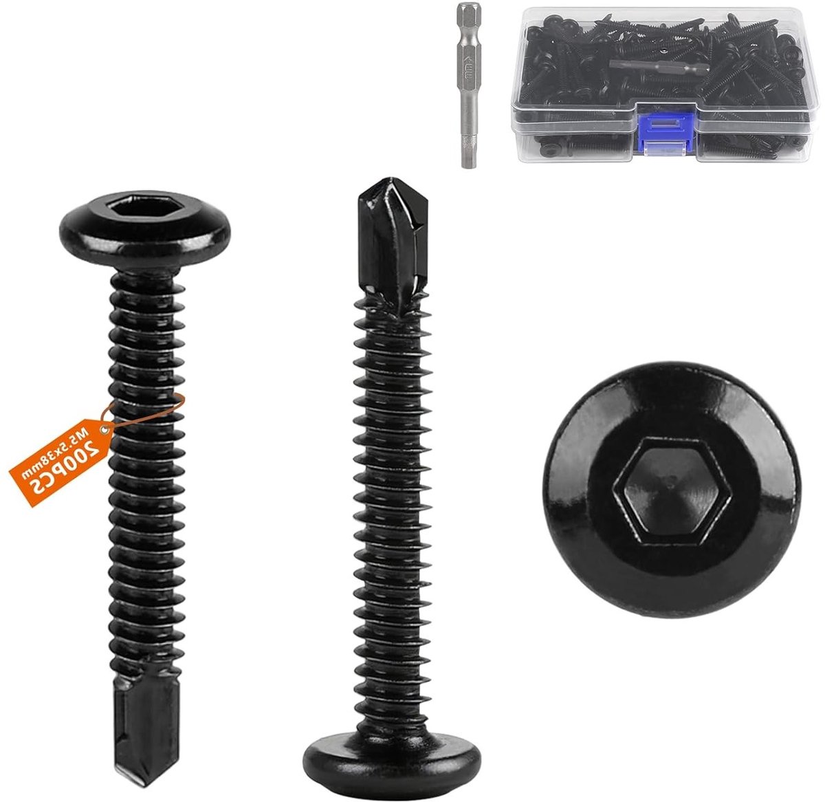Set van 200 Zelfborende M5.5 x 38 mm Zeskantbouten van Roestvrij Staal met Platte Kop voor Diverse Toepassingen