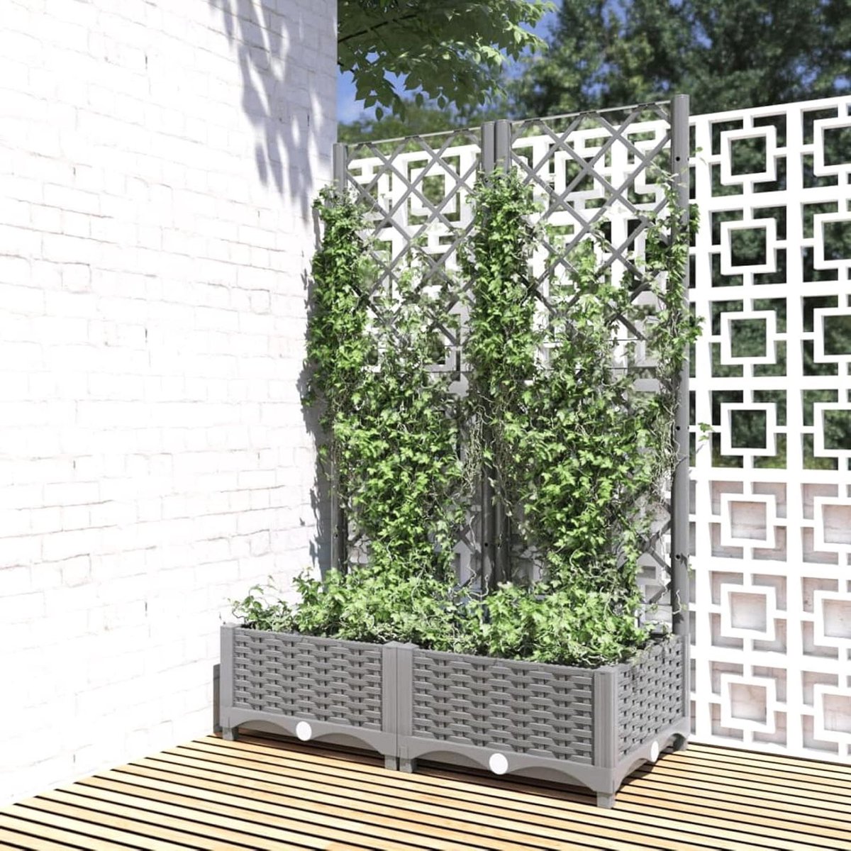 Verhoogd Bed met Trellis - Plantenbak met Klimrek - Planten Kweken - Duurzaam Polypropyleen - 80x40x121.5 cm - Lichtgrijs