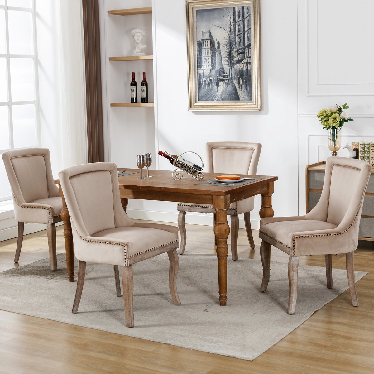MIVRAY Eetkamerstoel 61 x 91 cm - Gestoffeerd Met Gebogen Rugleuning - Voor Eetkamer En Leeshoek - Fluweel Beige