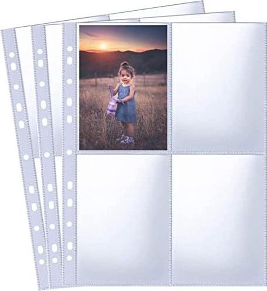 Dubbelzijdige A6 fotohoes met 4 vakken, met op de voorste foto een meisje in een blauwe jurk bij zonsondergang.