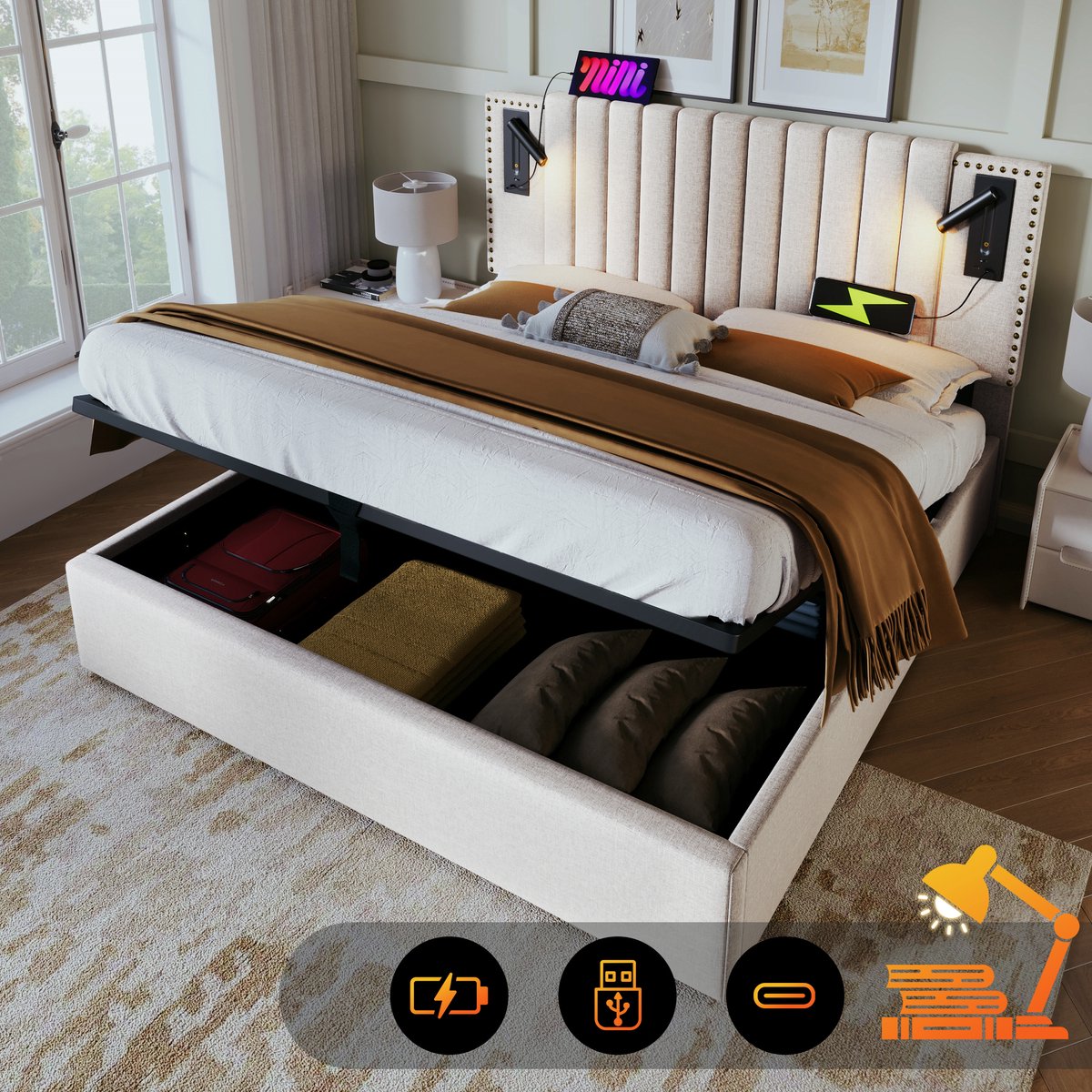 MODFU Gestoffeerd Bed – 180x200 cm – Verstelbaar Hoofdbord – Leeslamp & USB-C – Vintage – 