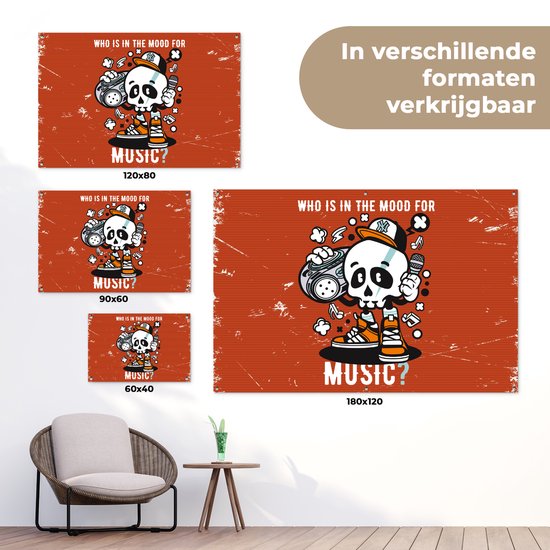 Tuinposter 60x40 cm - Tuindecoratie Vintage - Schedel - Muziek - Poster voor in de tuin - Buiten decoratie - Schutting tuinschilderij - Tuindoek muurdecoratie - Wanddecoratie balkondoek