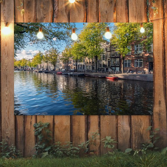 Tuinposter 180x120 cm - Tuindecoratie De Prinsengracht in het centrum van Amsterdam - Poster voor in de tuin - Buiten decoratie - Schutting tuinschilderij - Tuindoek muurdecoratie - Wanddecoratie balkondoek