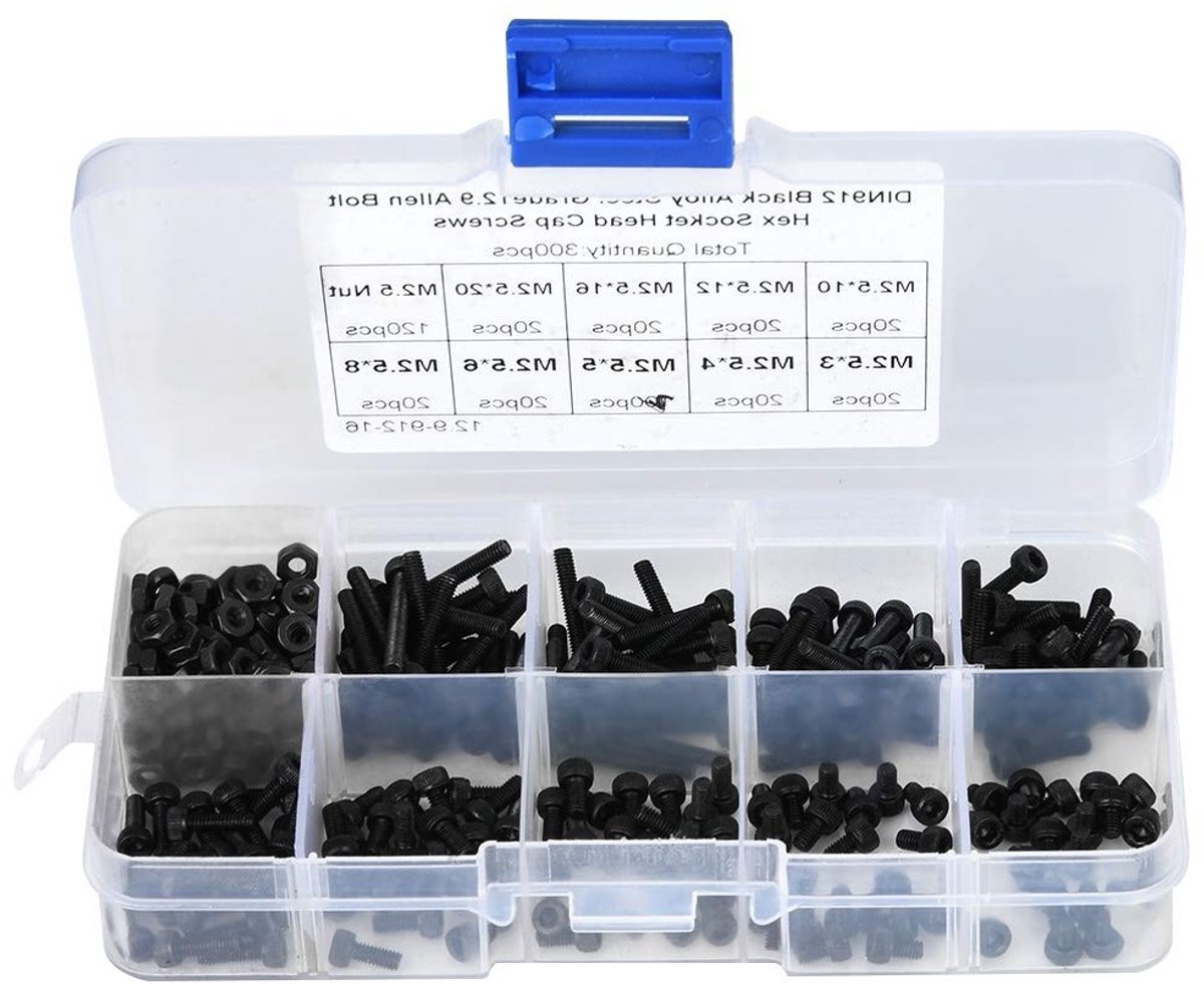 M2.5 x 3-20mm Zwarte Hex Schroeven en Moeren, 300 Stuks 12.9 Kwaliteit Legering voor Auto Onderhoud en Machine Reparatie