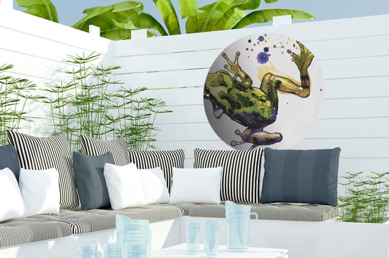 Tuincirkel Kikker - Waterverf - Wit - 60x60 cm - Ronde Tuinposter - Buiten