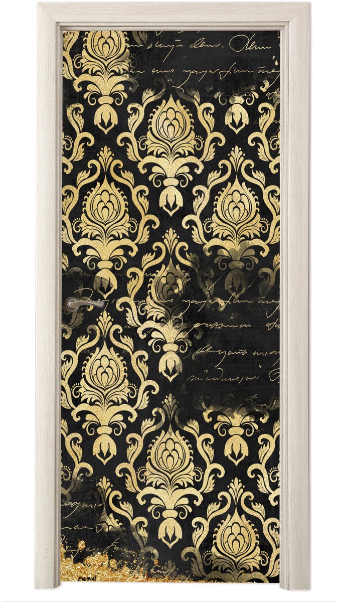 Deurposter 85x215 cm - Deursticker Zwart - Ornament - Goud - Meubelfolie zelfklevend - Deu