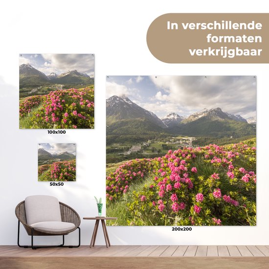Posters de jardin Prairie fleurie - Montagnes - Rose - 50x50 cm - Toile jardin - Affiche extérieure