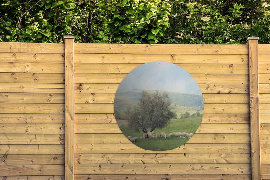 Cercle de jardin Un groupe de moutons près d'un olivier - 120x120 cm - Affiche de jardin ronde - Extérieur XXL / Groot format !
