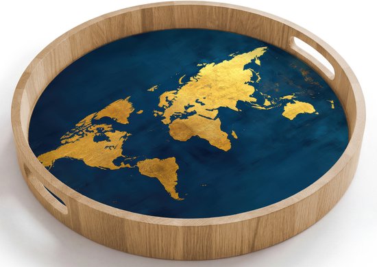 Dienblad rond 40x40 cm - Schootdienblad hout - Wereldkaart - Goud - Donkerblauw - Borrelplank rechthoek - Plateau houten dienbladen