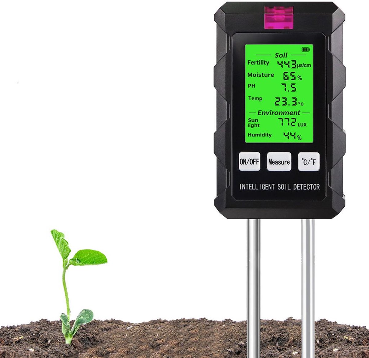 Deze 6-in-1 bodemtester meet het bodemvochtgehalte, de pH-waarde en de temperatuur Geschikt voor een nauwkeurige bodemanalyse, waardoor hij ideaal is Geschikt voor tuinbouw- en landbouwtoepassingen.