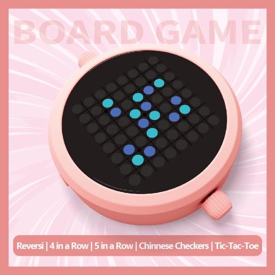 Roze draagbare spelconsole met blauwe en lichtblauwe stippen, met tekst 'Board Game 5-in-1' en opsomming van spellen.