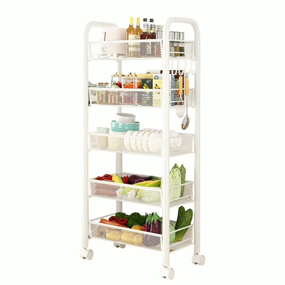 Himiss Opbergwagen 5-Laags met Wielen - Opbergtrolley - Organisatiewagen - Kast - Rijdende Kast - Ruimtebesparend Design - Wit