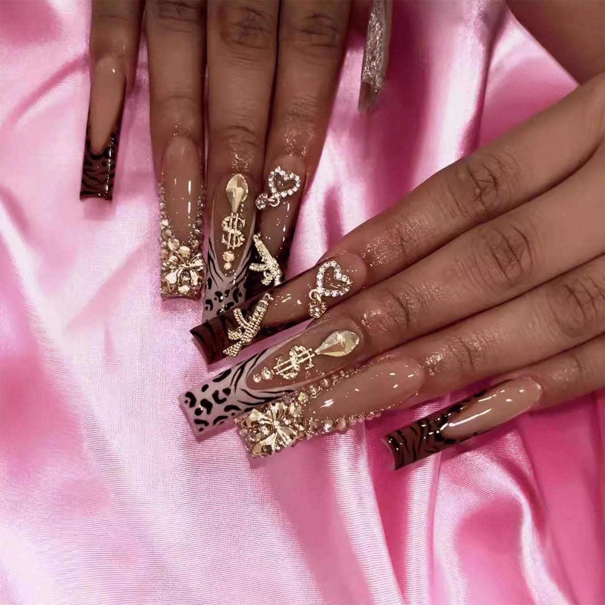 Allecto - Franse tip Press-on nagels - Dierenontwerpen - Lange vierkante nepnagels - Multicolor - Strass steentjes - Valse nagels voor manicure - G...
