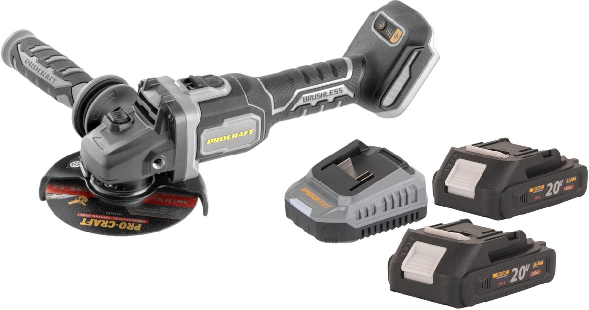 Procraft Industrial AG125Bbb accu haakse slijper 20 V 125 mm borstelloos + 2x accu 2,0 Ah + oplader
