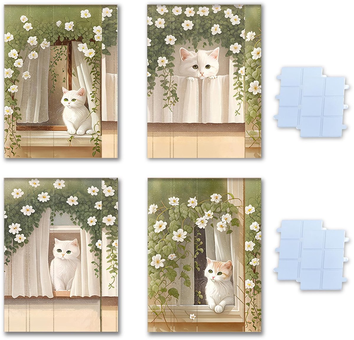 Set van 4 Schattige Kattenprints voor Kinderkamer - Niet Ingelijst met Dubbelzijdige Tape