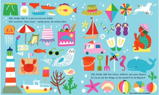 Illustratie van strandspullen zoals zwemkleding, strandballen, een vuurtoren, een krab, een walvis en een kindje met een zeemeermin-zwempak.