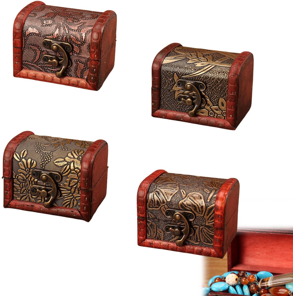 Allecto - Schatkist Hout Klein - Mini Schatkist met Deksel - Voor Bruiloft - Sieradenkistje - 4 Stuks - 8 x 6 x 6 cm