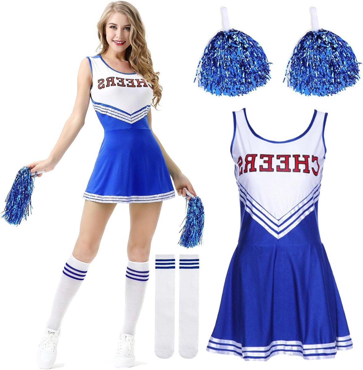 Vrouwelijk cheerleader kostuum voor volwassenen en meisjes, feestoutfit voor carnaval en Halloween met pompoms en sokken, themafeest.