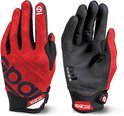 Rode Sparco racehandschoen met zwarte details, zwarte opdruk "100" en rode stiksels.