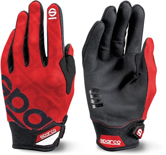 Rode Sparco racehandschoen met zwarte details, zwarte opdruk "100" en rode stiksels.