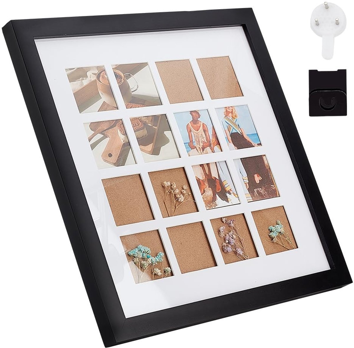 Dailygoody - Vierkante fotolijst - Multi fotolijst display - Zwart - Houten fotolijst - Geschikt voor 16 foto's - Tafelstandaard en wandmontage