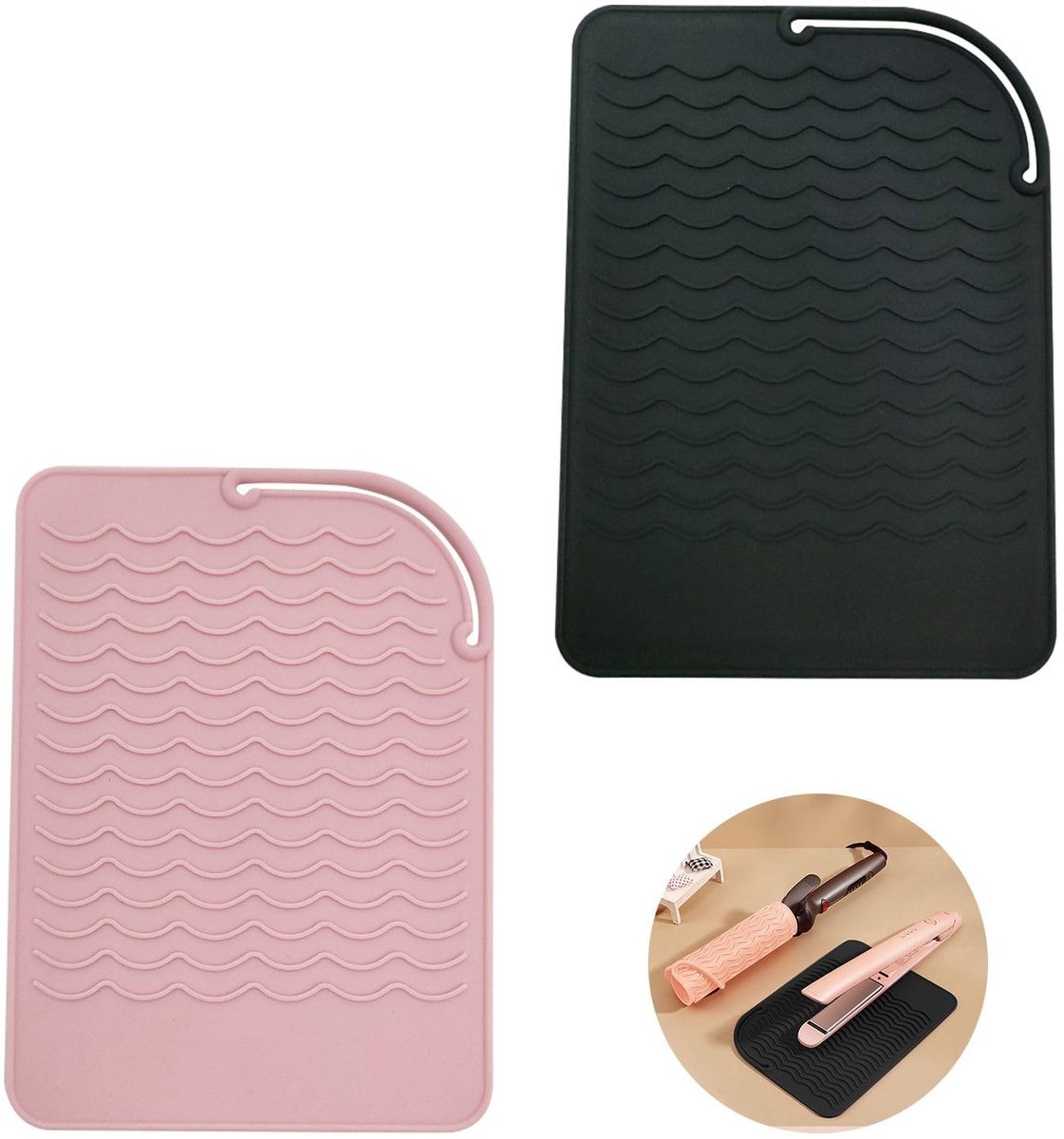 Dailygoody - Warmtemat voor stijltangen - Hittebestendig - 2 stuks - Siliconen - Ideaal voor reizen en thuisgebruik - Zwart en roze