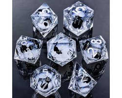 Joya Dice® Liquid Core Polydice Jeu de dés adapté aux jeux de rôle tels que Donjons et Dragons D&D DnD | Jeu de dés | Dice Set | Jeu de 7 pièces en résine | Boîte de rangement de luxe incluse | Argent chat mystique