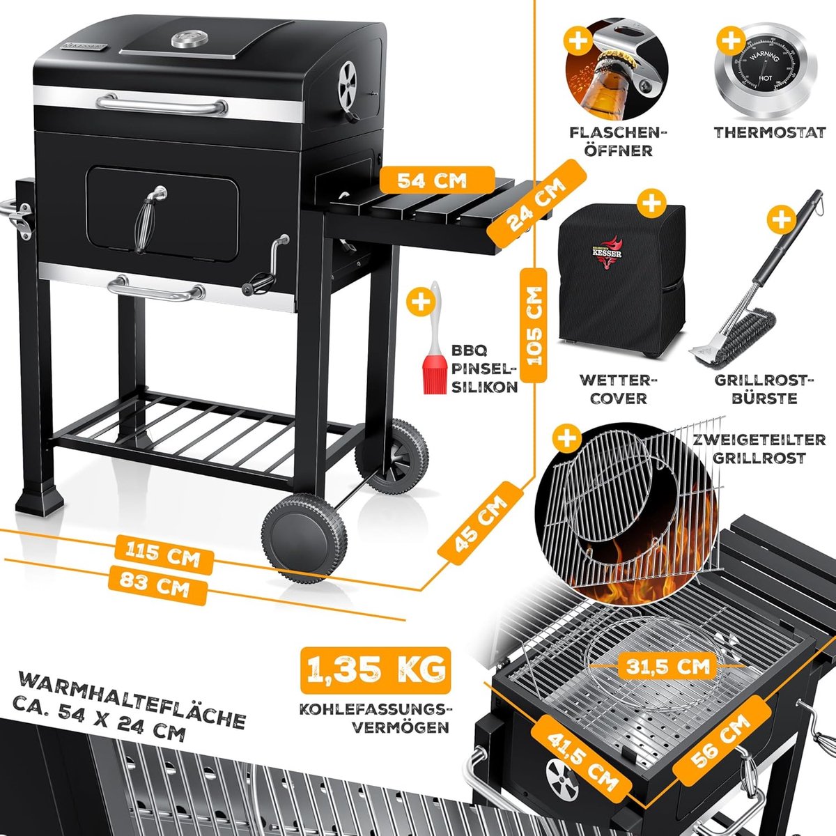Houtskoolbarbecue Grillwagen – House&Garden Premium Angular BBQ met Gietijzeren Grillrooster, Verstelbare Houtskoolbak, Deksel met Thermometer, Weerbestendige Afdekhoes, RVS Frame 115x67x107 cm – Outdoor Tuin BBQ Grill voor Perfecte Warmtecontrole