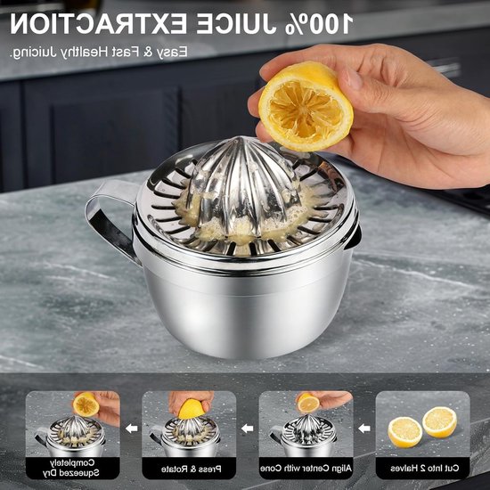 Handmatige Citrus Juicer van Roestvrij Staal met 500 ml Container en 2 Accessoires - Draagbaar, Vaatwasserbestendig en Roestvrij voor Citroen, Limoen, Sinaasappel en Grapefruit — afbeelding 4
