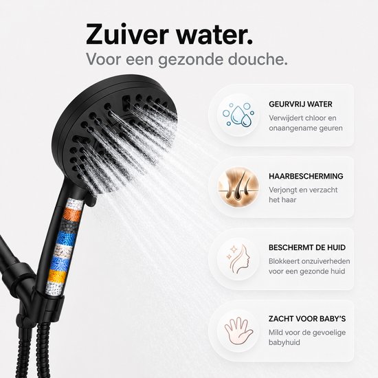 Zwarte douchekop met filter, die geurvrij water levert en huid en haar beschermt.