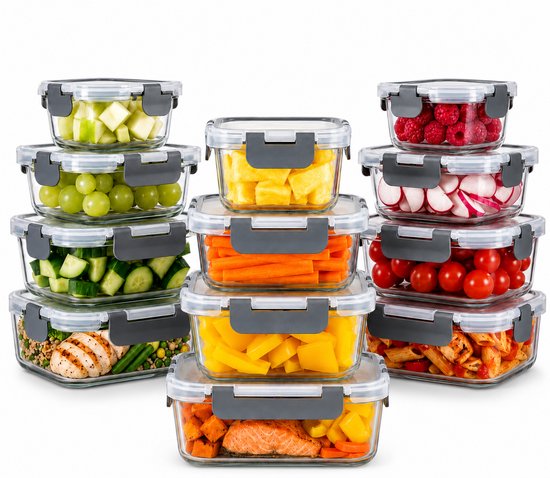 Five Stars® Glazen Vershoudbakjes - 12 Stuks - Meal Prep Bakjes - Luchtdichte Diepvriesbakjes - Met Deksel - 320 ml, 370 ml, 800 ml & 1040 ml