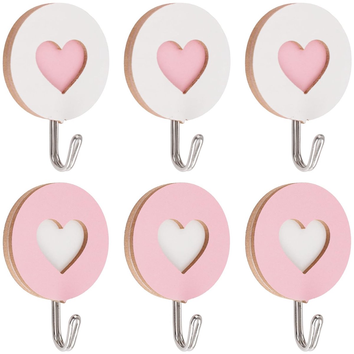 Dailygoody - Houten haak - Sleutelhouder - Sterke zelfklevende haak - Roze kleur - Wanddecoratie - Perfect voor thuiskantoor en hotel - 5 stuks