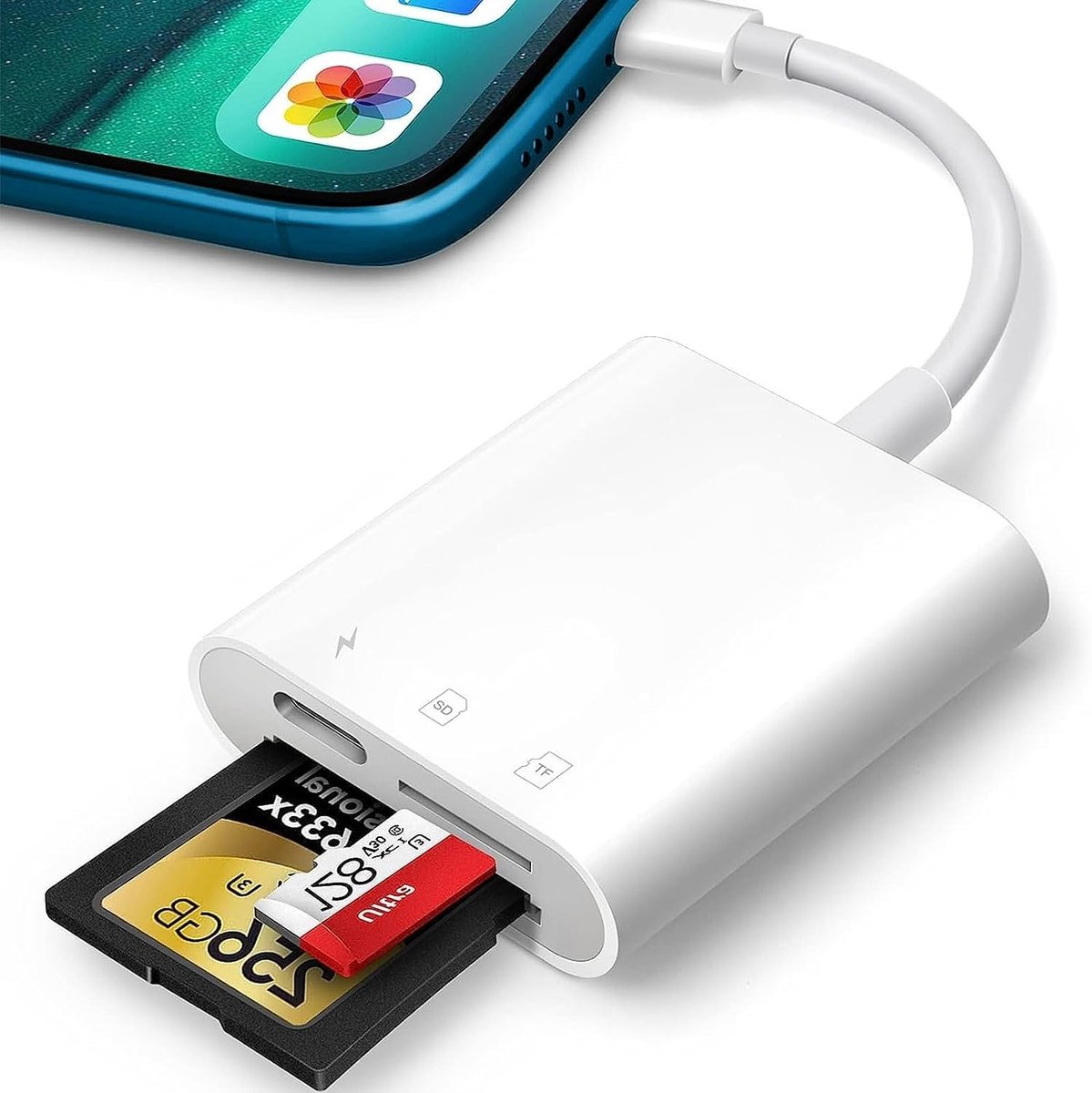 Dailygoody - SD-kaartlezer voor iPhone iPad - Dubbele sleuf voor Micro SD/SD - Gelijktijdig opladen - Compact ontwerp - Plug-and-play - Geschikt voor .