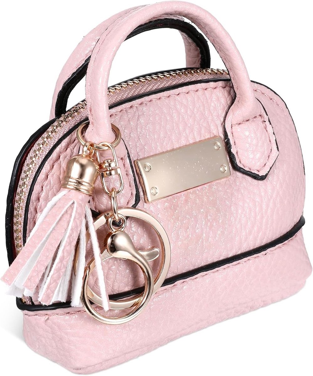 Schattige Mini Tote Bag en Sleutelhanger van PU Leer, Perfecte Mini Portemonnee en Make-up Tas in Roze Art Deco Stijl