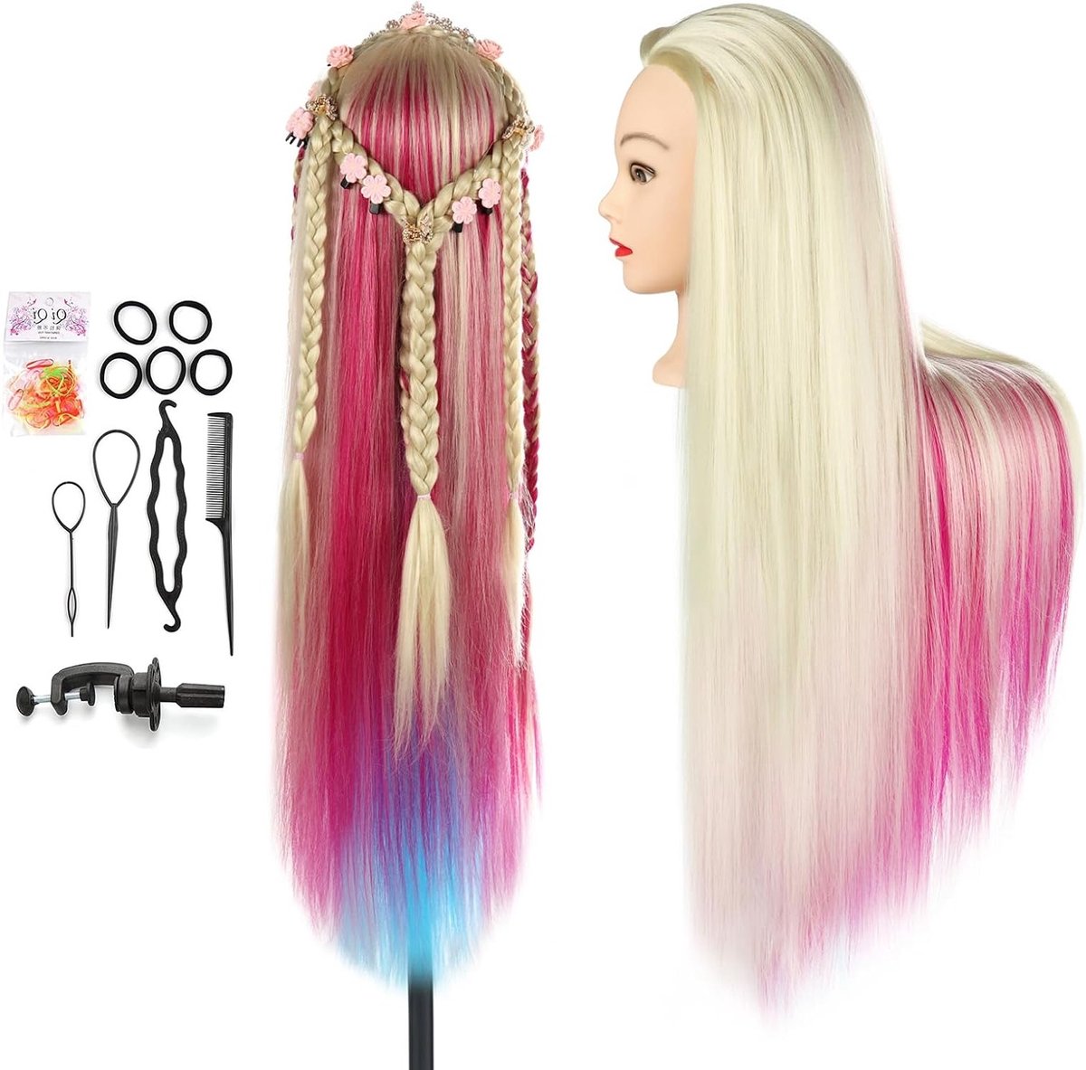 Professionele Trainingshoofd voor Kappers met 100% Synthetisch Haar en Styling Accessoires - 26-28 Inch Mannequin voor Haarstyling en Oefeningen