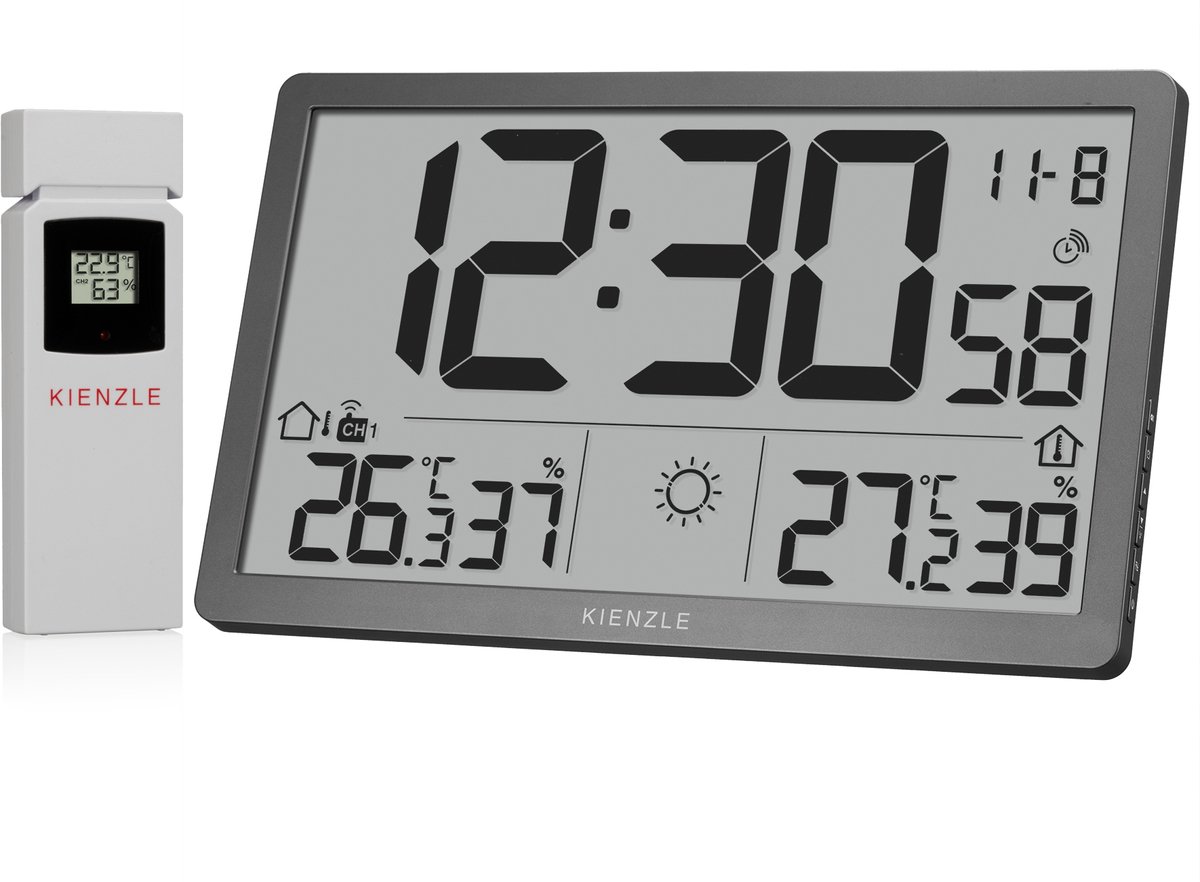 KIENZLE Jumbo NEO LCD - Wandklok met Weerstation - Grijs - Radiografisch
